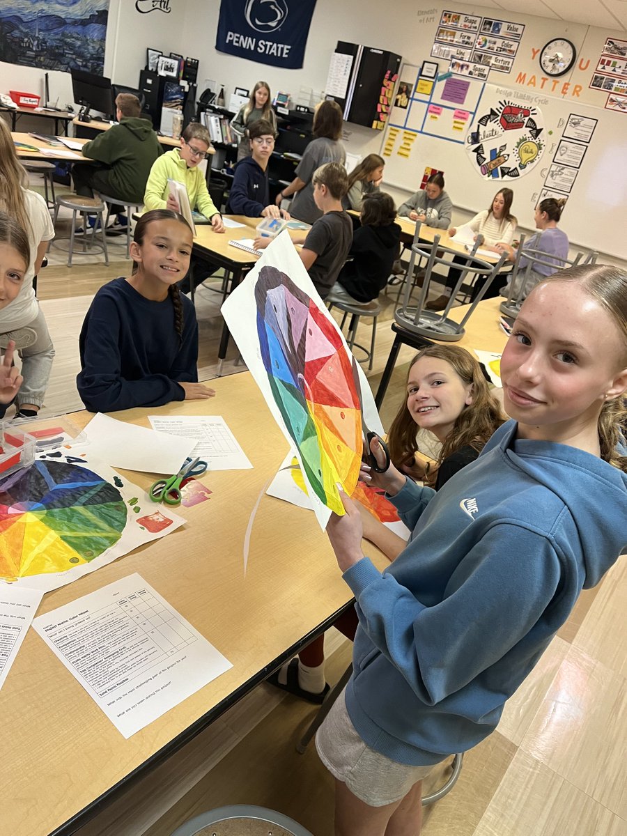 🎨7th grade art students finished their color wheels this week. They learned how to mix the secondary and tertiary colors using only the primary colors. Their hard work and perseverance paid off, and the finished products are beautiful! 🖌️ #SpectrumSting