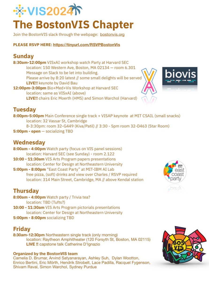 I’m so enormously grateful and proud of our BostonVIS students! Within hours of #ieeevis going virtual, they jumped on  Zoom and brainstormed a set of satellite events.

Two days later, we’re delighted to announce an initial schedule!!

RSVP + updates: bostonvis.org