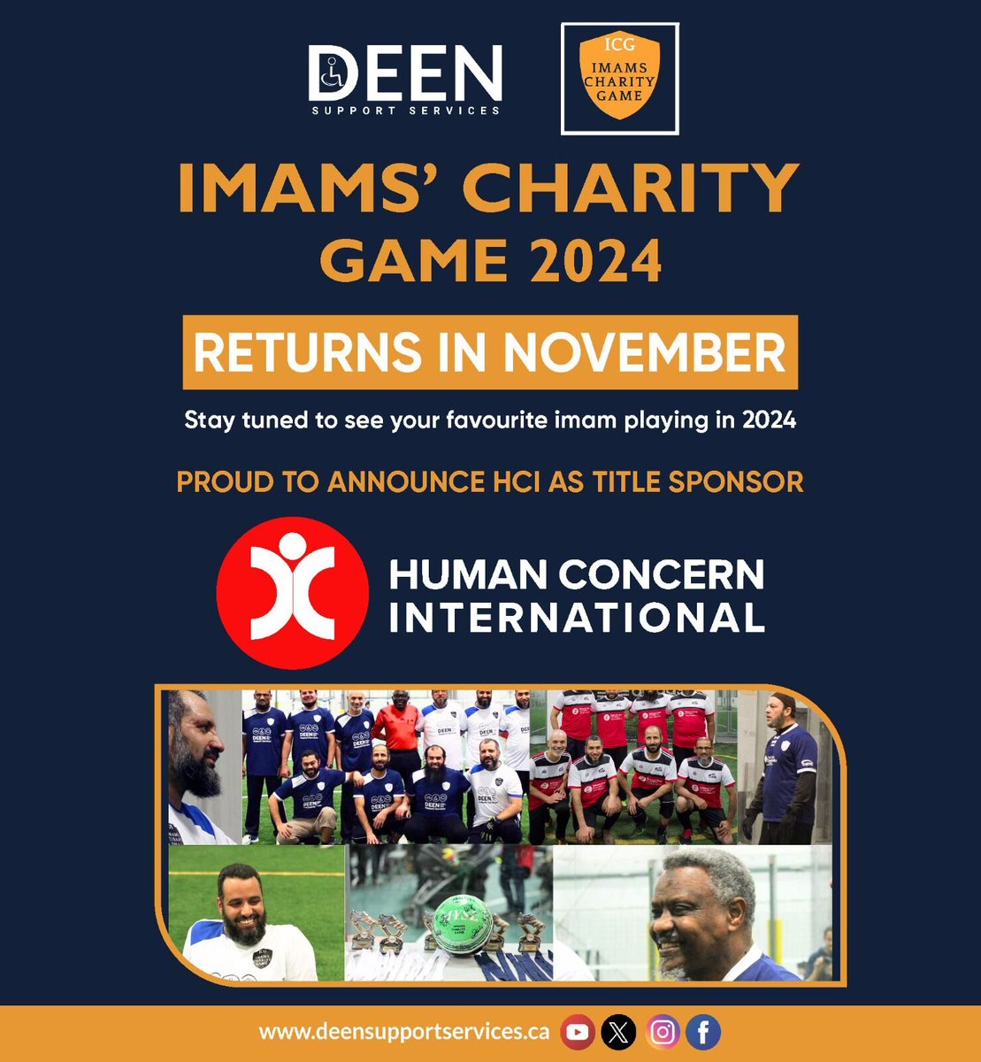 The Imams' Charity game is back!

We are super happy to announce Human Concern International as our title sponsor.
We are looking forward to seeing your donations, support, and this wonderful gathering of our Imams, scholars, and shaikhs.

tag your favourite imam.