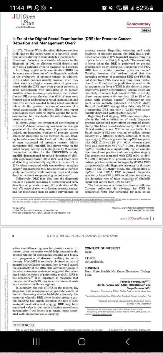 Happy to share our new article that poses the question: "Is the Era of Digital Rectal Examination for Prostate Cancer Detection and Management Over?" <a href="/DBarreiro4/">Diego Barreiro</a> <a href="/urojdr/">Jay Raman</a> <a href="/JUOpenPlus/">JU Open Plus</a> <a href="/urotoday/">UroToday.com</a> <a href="/OncoAlert/">OncoAlert</a>