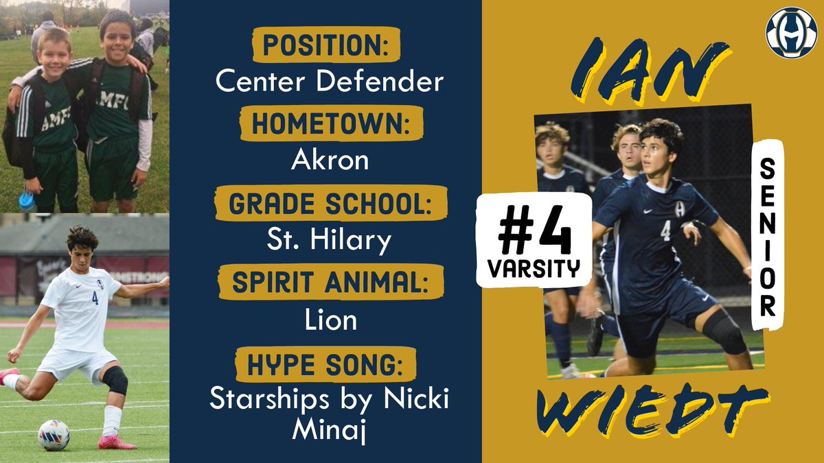 Our next #PlayerSpotlight features senior Ian Wiedt, #4! Ian is a center defender whose spirit animal is the strong &amp; brave Lion. His favorite teacher at #Hoban is T.K. Griffith because he tells great stories. Ian's hidden talent is playing the guitar. #MeetTheTeam #HobanFamily