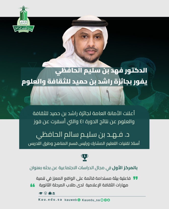 تهنئ #جامعة_الملك_عبدالعزيز د. فهد بن سليم الحافظي من كلية التربية، فوزه بجائزة راشد بن حميد للثقافة والعلوم، حيث حصل على المركز الأول في مجال الدراسات الاجتماعية. نعتز بإنجازات كوادرنا الأكاديمية المتميزة، ونتطلع للمزيد من النجاحات. 
#KAU #فخر_الجامعة