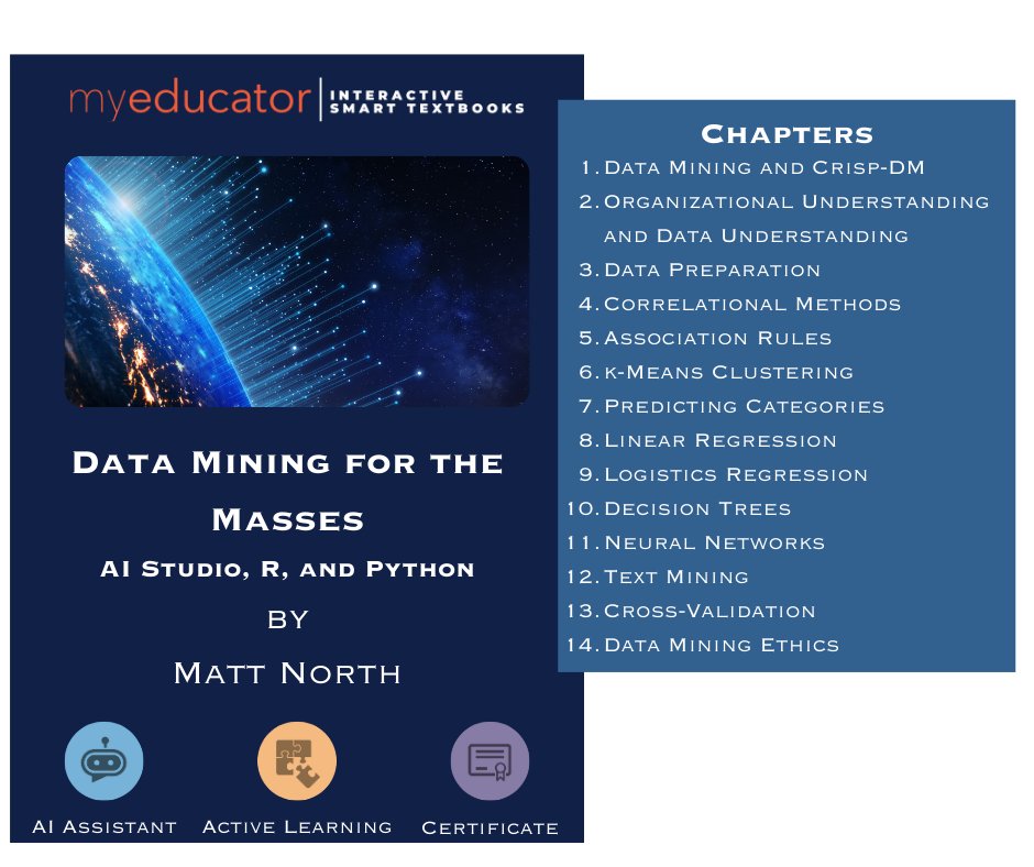 MyEducatorLLC's tweet image. This resource introduces data mining using the CRISP-DM methodology, covering AI Studio, R, and Python.
#DataMining #DataAnlaytics #MyEducator #AI #Textbooks #INFORMS2024 @INFORMS