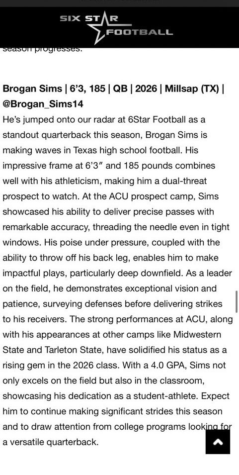 Brogan Sims (@brogan_sims14) on Twitter photo Thank you for the write up <a href="/sixstarfootball/">Six Star Football | PLUS+</a>
<a href="/ACUFootball/">ACU Football</a>
<a href="/MSUTexasFB/">Midwestern State Football</a>
<a href="/TarletonFB/">Tarleton State Football</a>
<a href="/PrepRedzoneTX/">Prep Redzone Texas</a>
<a href="/One11Recruiting/">One11 Recruiting</a>
<a href="/QBHitList/">QBHitList.com</a>
<a href="/JoshuaSigmon4/">Joshua Sigmon</a>
<a href="/Coach_Atkinson1/">Rush Atkinson</a>
<a href="/CoachJohnson61/">Jacob Johnson</a>
@CoachSutherIMG Thank you for the write up <a href="/sixstarfootball/">Six Star Football | PLUS+</a>
<a href="/ACUFootball/">ACU Football</a>
<a href="/MSUTexasFB/">Midwestern State Football</a>
<a href="/TarletonFB/">Tarleton State Football</a>
<a href="/PrepRedzoneTX/">Prep Redzone Texas</a>
<a href="/One11Recruiting/">One11 Recruiting</a>
<a href="/QBHitList/">QBHitList.com</a>
<a href="/JoshuaSigmon4/">Joshua Sigmon</a>
<a href="/Coach_Atkinson1/">Rush Atkinson</a>
<a href="/CoachJohnson61/">Jacob Johnson</a>
@CoachSutherIMG