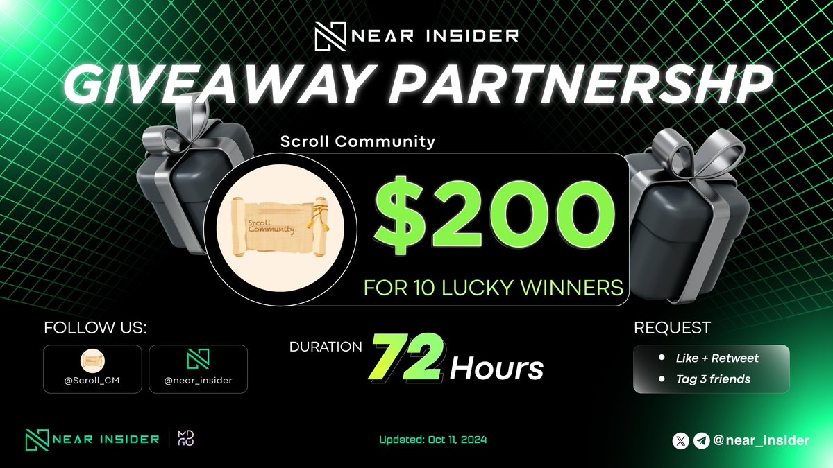 🚨 BIG #GIVEAWAY ALERT 🚨

🎉 We are excited to announce a one-of-a-kind giveaway event for our community🎉

🎁200 $USDC for 10 winners
⏰ Duration: 72 Hours

✅ Rules:
- Follow <a href="/near_insider/">Near Insider</a> &amp; <a href="/Scroll_CM/">Scroll Community 📜</a> 
- Like + RT
- Tag 3 friends

#Airdrop
