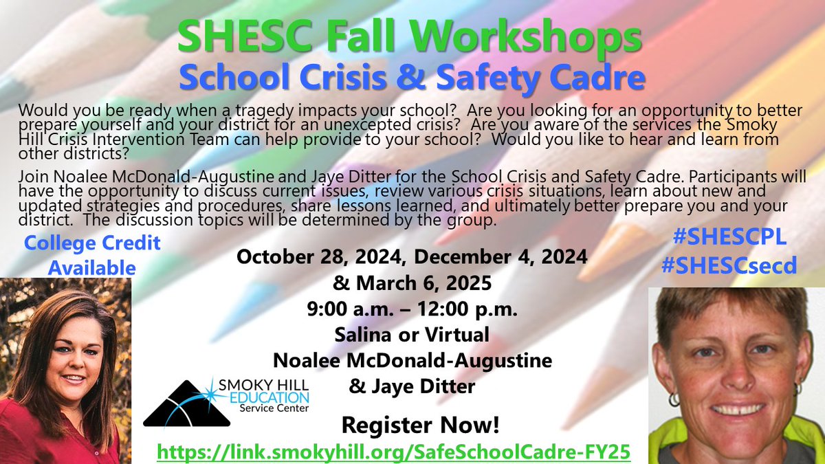 Would you be ready if tragedy impacts your school? Join Jaye and I for the School Crisis &amp; Safety Cadre. We will discuss current issues, review strategies, and share lessons learned. Register at link.smokyhill.org/SafeSchoolCadr……….  #SHESCsecd @SmokyHillEd <a href="/JayeDitter/">Jaye Ditter</a> <a href="/SmokyHillEDU/">Smoky Hill Education Service Center</a>