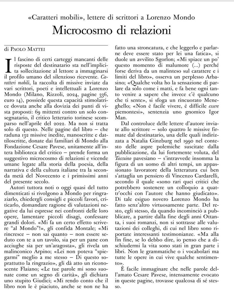 "CARATTERI MOBILI", LE LETTERE DEGLI SCRITTORI A LORENZO MONDO
dall'Osservatore Romano di oggi