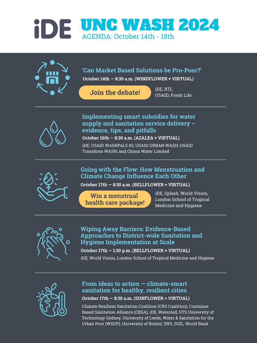 Safe, affordable &amp; sustainable WASH services require collaboration &amp; knowledge sharing. That’s why we’re excited to attend the #UNCWaterAndHealth Conference! 

Join us Oct 14-18 for sessions on menstruation &amp; climate change, scaling solutions &amp; more.

🔗 waterinstitute.unc.edu/our-work/unc-w…