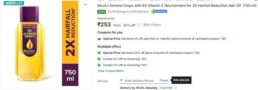 CheapestDealIND's tweet photo. 🛒 BAJAJ Almond Drops with 6X Vitamin E Nourishment for 2X Hairfall Reduction Hair Oil  (750 ml)
👉 https://t.co/SkOy7onoVJ
💰 Price Rs.253 [Regular Price Rs.401]

#CheapestDealinIndia #Bajaj #BestDeal #Ad #TrainAccident #AamirKhan #TamilNadu दुर्गा पूजा #fashion #style https://t.co/7aTNK3mdBt