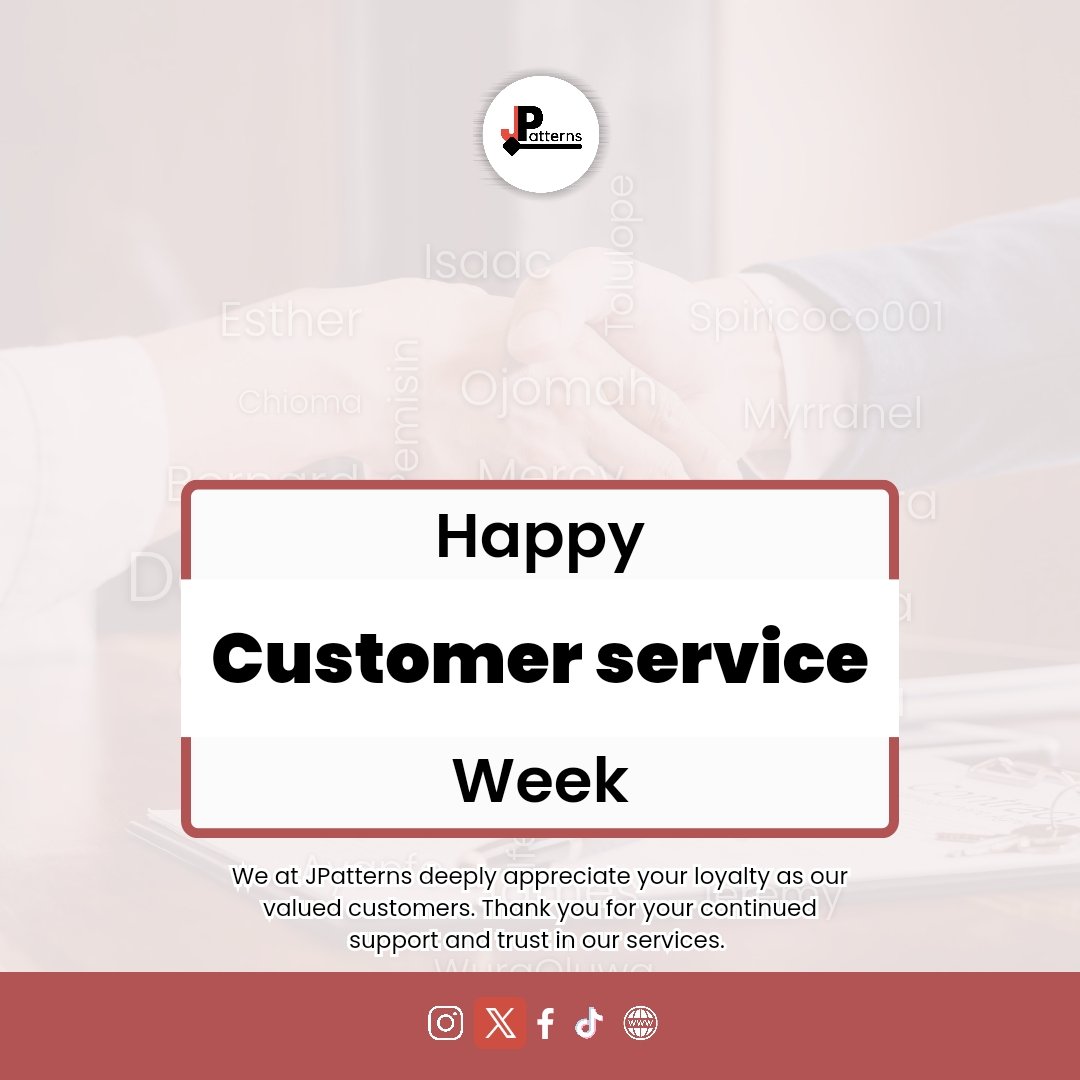 It's customers service week.

To our amazing customers, we say thank you for your loyalty and trust. We are honored to serve customers like you.

Jpatterns:- Wear your Style, Carry your Story.
.
.
#jpatterns
#northernlights