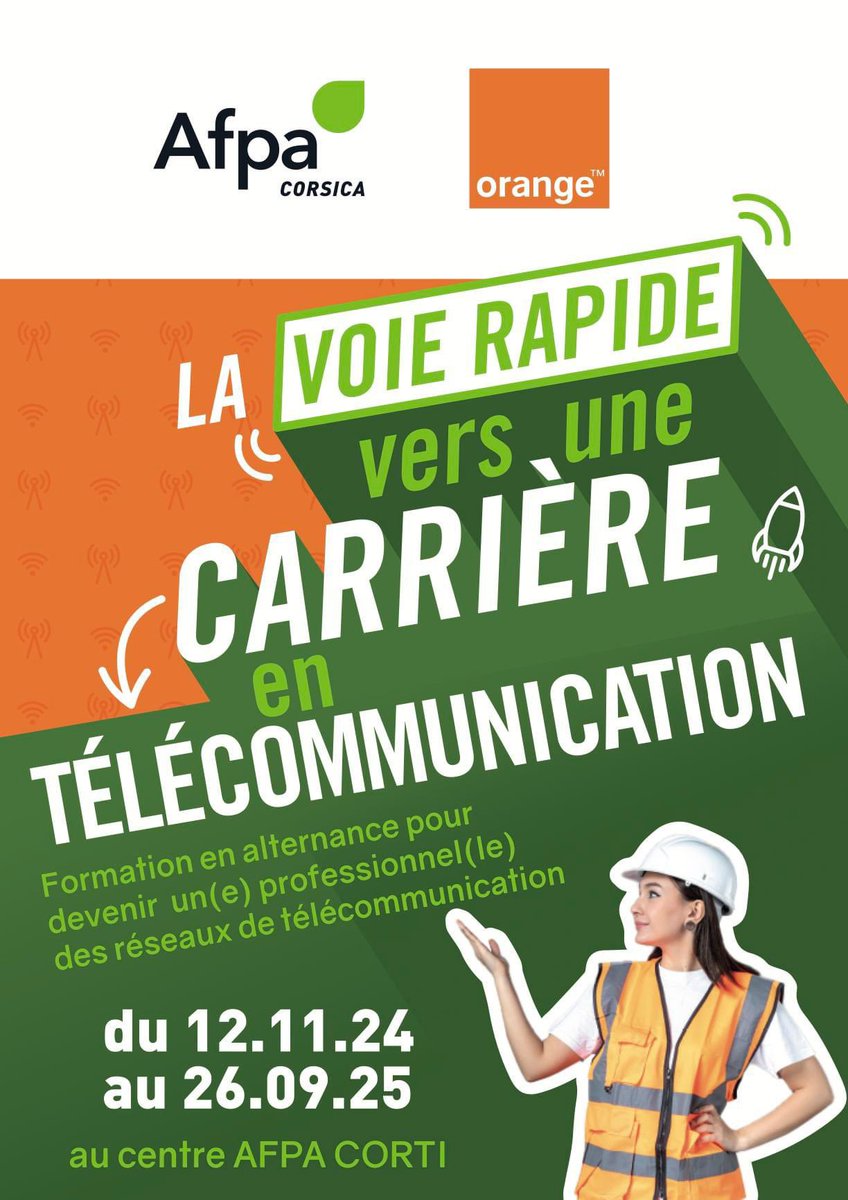 En 1 an, formez-vous au métier de Technicien(ne) #Telecom #Fibre avec <a href="/AFPA_CORSE/">AFPA CORSE</a> 
C’est à <a href="/VilleCorti/">Ville de Corte - Cità di Corti</a> en #alternance
de novembre 2024 à Septembre 2025
Intéressé(e) par la formation ?
📲 06 76 69 45 64