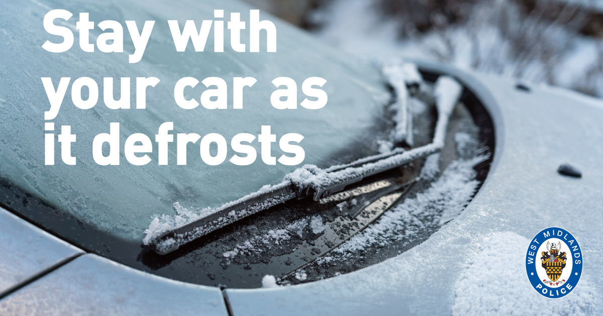 ⚠️ FROSTY MORNING WARNING ⚠️
Cold weather is forecast for this weekend.

Do not leave your car unattended while it defrosts. It only takes a few seconds for someone to jump in and drive away.

Leave extra time to defrost your car before making your morning journey 🚗