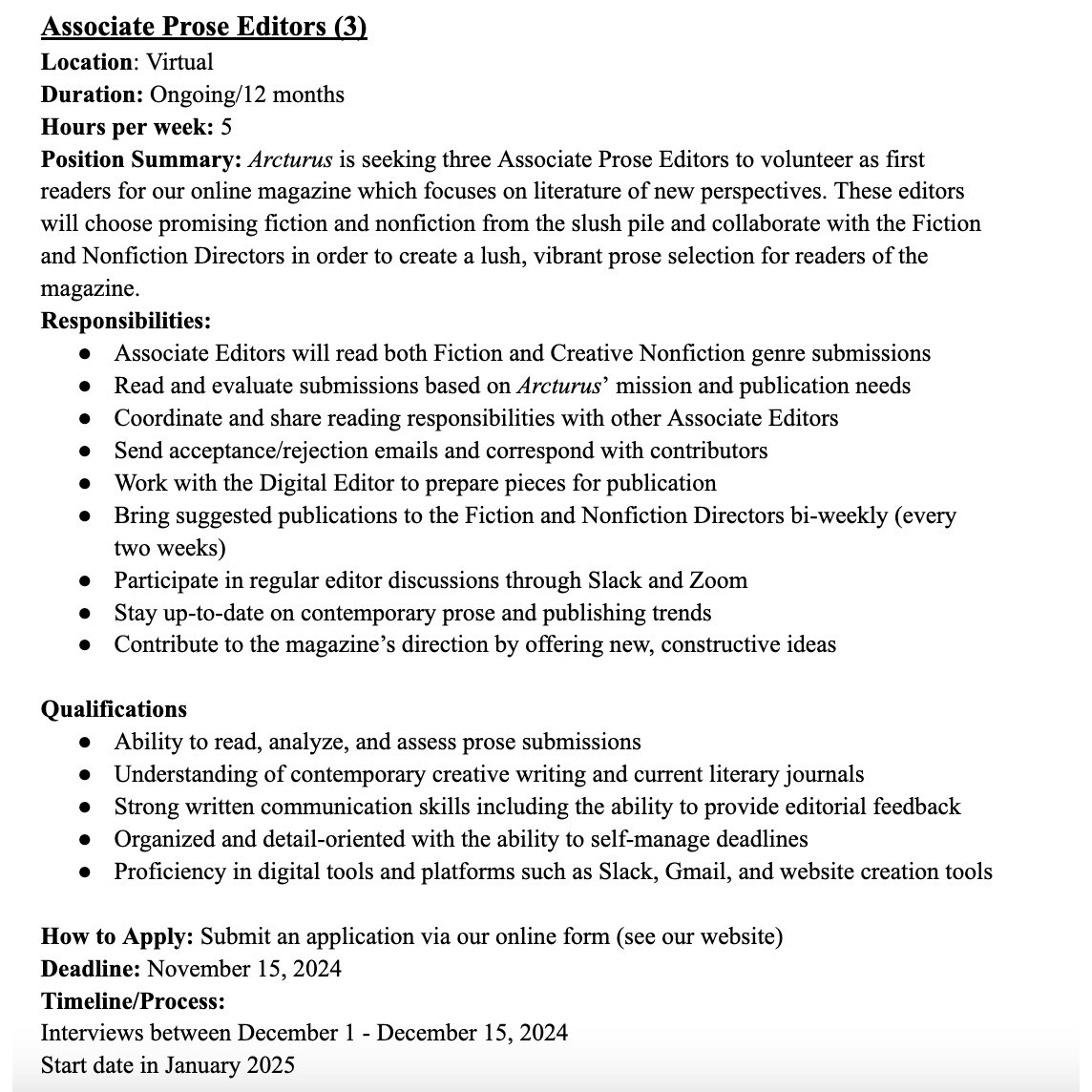 WE’RE HIRING! The magazine staff would like to welcome new associate editors to the team.

Deadline is November 15, for a January 2025 start. We’re all volunteers over here, but being on a literary magazine staff is rewarding in so many ways. arcturus.chireviewofbooks.com/apply-to-be-an…