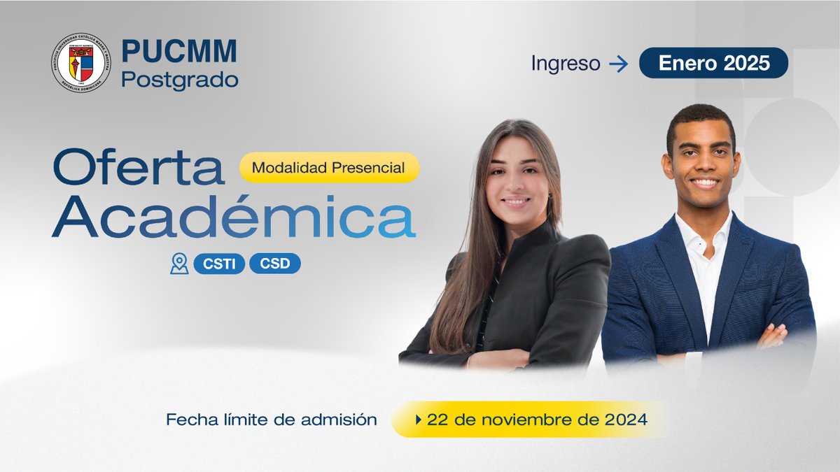 ✨ Conoce la amplia oferta académica que PUCMM Postgrado tiene para este próximo enero 2025 🎓 📌 Aplica en nuestras Oficinas de Admisiones, disponibles en los Campus de Santiago y Santo Domingo.
Para más información, comunícate con nosotros al teléfono 809 580 1962