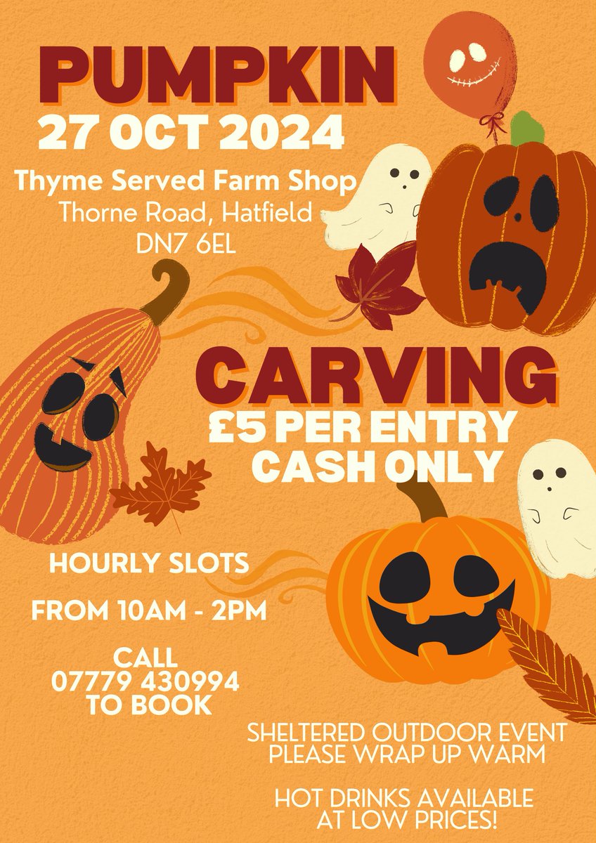 Pumpkin Carving activity at the Farm Shop 27th October, the Sunday before Halloween.
Members of the public are invited to call the number on the poster to reserve their space, it is £5 per child (cash only sales, at the moment).