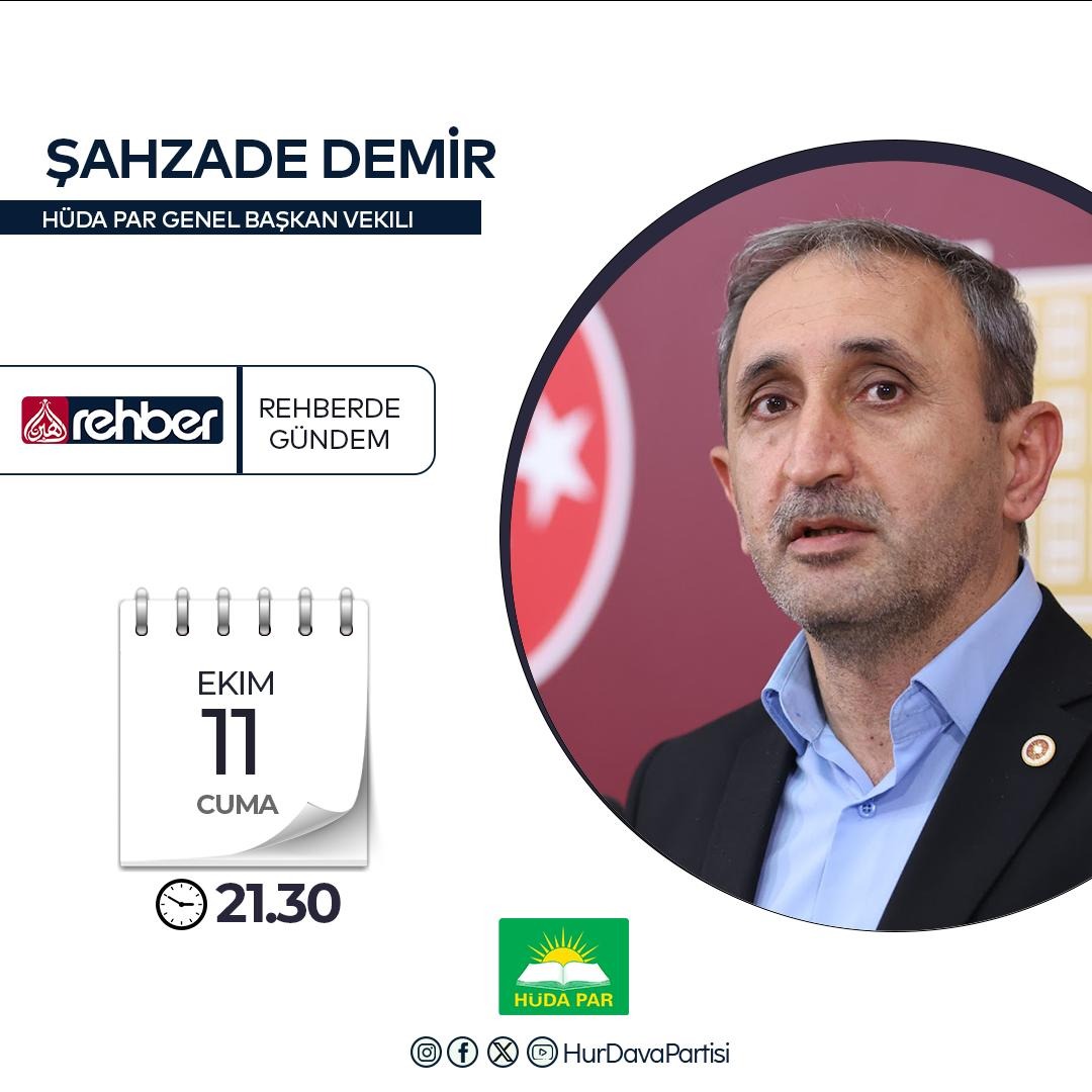 HurDavaPartisi's tweet photo. Genel Başkanvekilimiz Sayın Şahzade Demir, bu akşam saat 21.30'da Rehber TV'de Olcay Ersoy'un sunduğu "Rehber'de Gündem" programının canlı yayın konuğu olacaktır. https://t.co/Ht7B5LNg4X