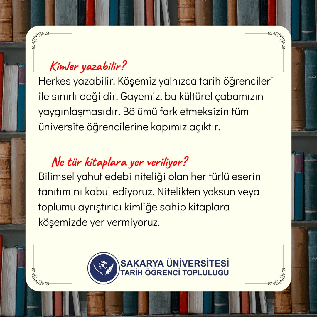 SAUTarihTpl's tweet photo. Aylık periyotlar ile düzenlenen bir tanıtım köşesi "Öğrenciler Yazıyor"

▪︎ "Öğrenciler Yazıyor" etkinliği nedir?
▪︎ Kimler yazabilir?
▪︎ Ne tür kitaplara yer verilir?
▪︎ Nelere dikkat edilmeli?
▪︎ Nasıl yazı gönderilebilir? 

sorularına yanıt bulabileceğiniz gönderidir https://t.co/krY637y8iT