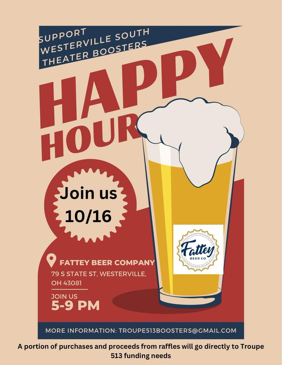 Help support the Westerville South Theater Boosters and mingle with friends over a beverage on October 16th Fattey Beer Co in uptown!