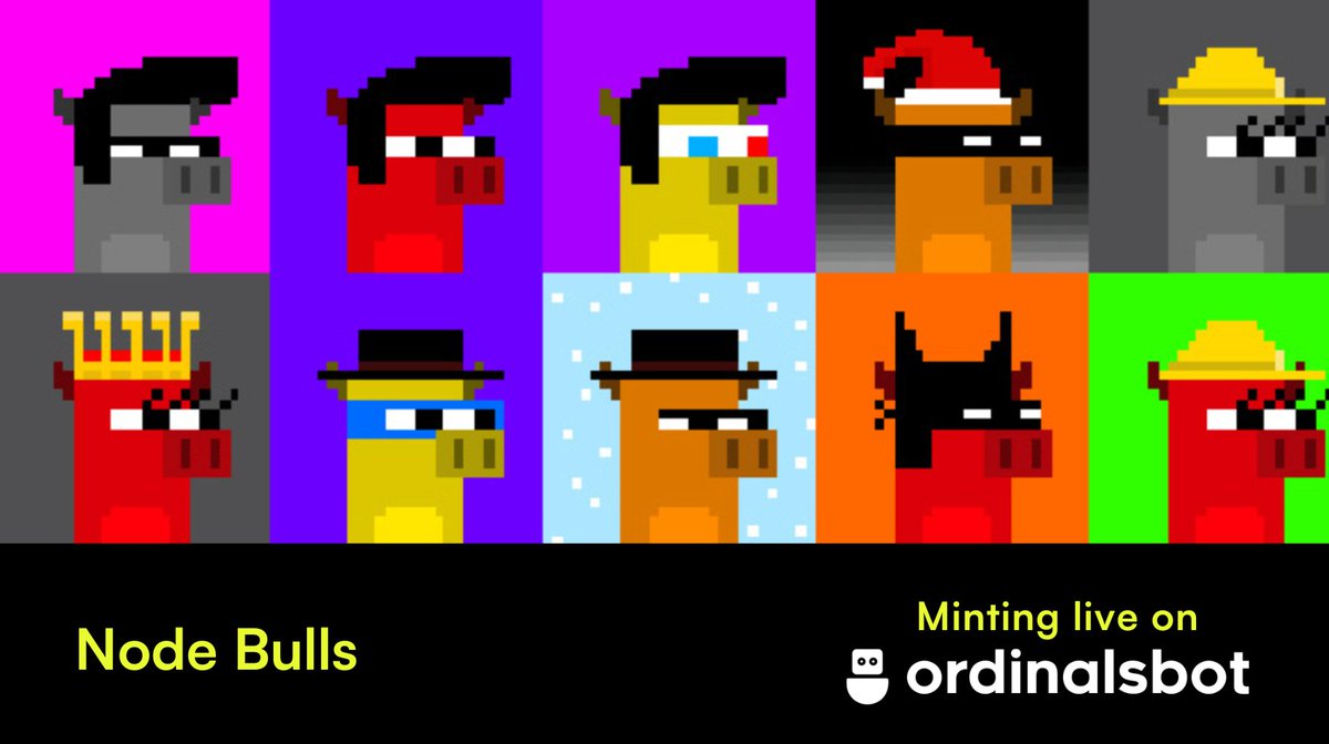 ordinalsbot's tweet image. Mint Alert 🚨

Enjoy the ordinals and runes bull run with an exclusive 999 Ordinal Pixel Art @NodeBulls_  by veteran artist @codebaboon!

Features a unique set of pixel art bulls, each crafted with intricate detail and rarity in mind.

💵 Mint Price : 1100 Sats
⚡️ Get 2000 XP…