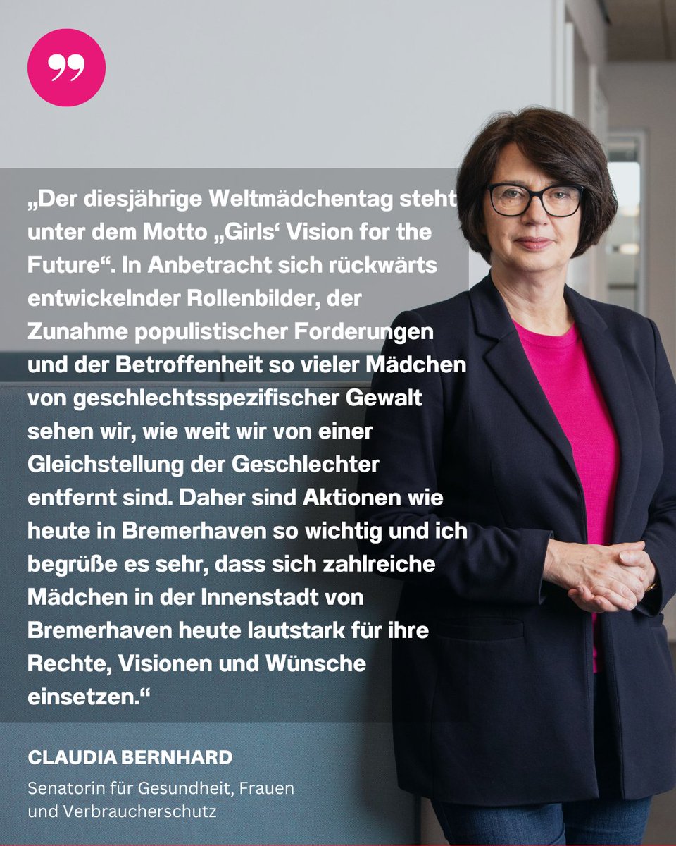Heute ist #Weltmädchentag.
In #Bremerhaven organisiert der Mädchenarbeitskreis der <a href="/bremerhaven_de/">Stadt Bremerhaven</a>  heute einen Lauf durch die Innenstadt, um auf den internationalen Mädchentag aufmerksam zu machen.