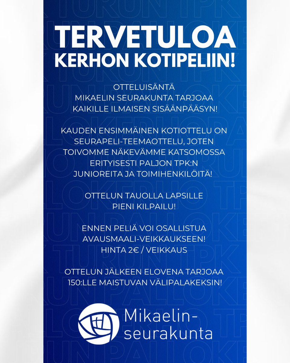Lauantaina Futsal-Liiga palaa Samppalinnaan ja Kerho saa vieraita Meri-Lapista! 💪🔥

Kauden ensimmäisen kotipelin otteluisäntänä toimii Mikaelin seurakunta! 

#futsalfi #futsalliiga