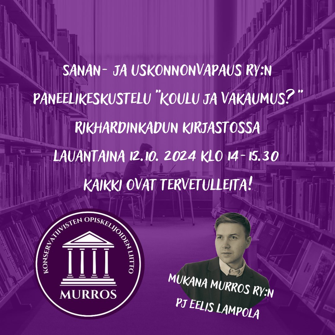 MurrosHelsinki's tweet photo. Sanan- ja uskonnonvapaus ry järjestää Helsingissä paneelikeskustelun, jossa Murros ry:tä edustaa puheenjohtaja Eelis Lampola.

#konservatiivinen #murros #murrosry #murroshelsinki #murroshy https://t.co/ToMu5dR69w