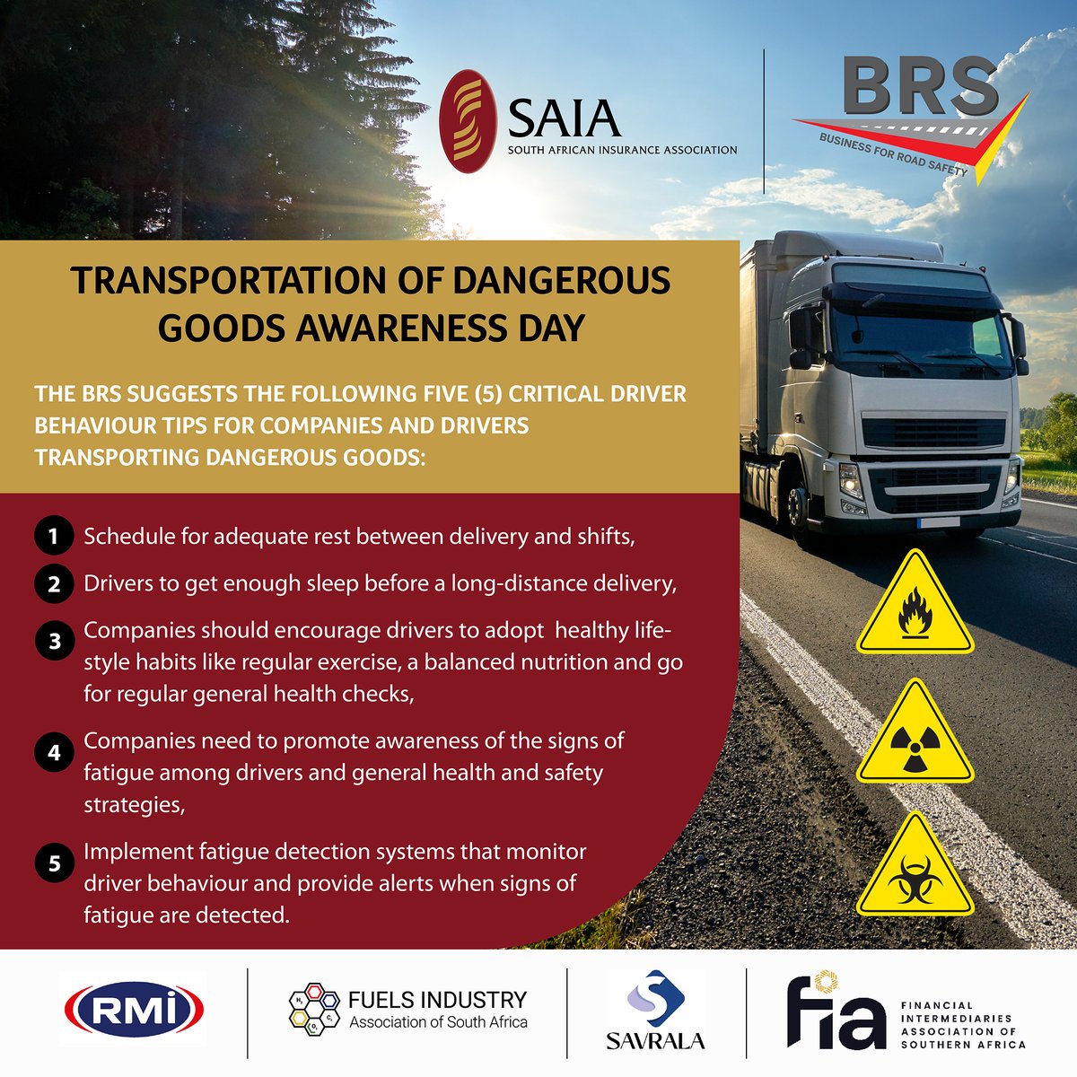 The Business for Road Safety Forum supports creating awareness of the risks posed by transportation of dangerous goods this Transport Month and following the National Transportation of Dangerous Goods Awareness Day on 10 October.  

 youtu.be/5Co-KAoddQo.