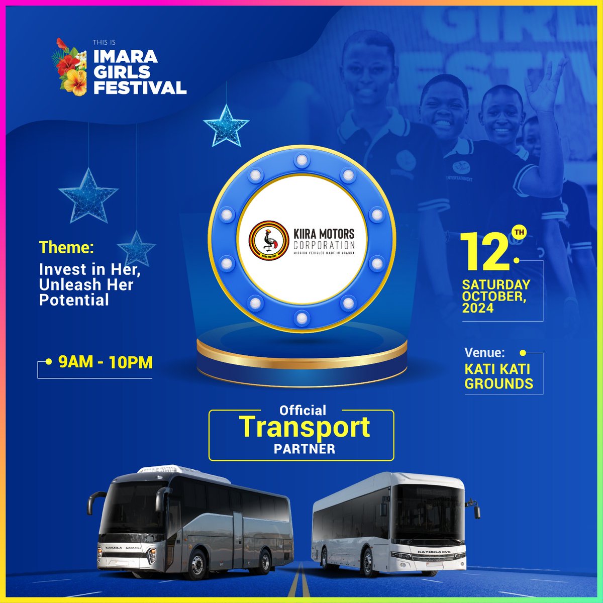 KiiraMotors's tweet photo. We are proud to be the official transport partner of University students to the #ImaraGirlsFestival24 happening tomorrow at Kati Kati grounds. Together we shall be celebrating the contributions of girls and women in the development of our nation. #KayoolaExperience https://t.co/p796D18GwB