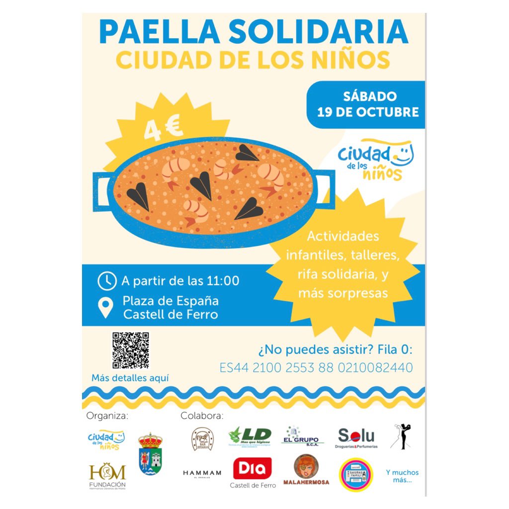 🥘 Paella solidaria en Castell de Ferro: Ciudad de los Niños recaudará fondos para su pabellón deportivo.

ℹ️ El próximo 19 de octubre en la Plaza de España de Castell de Ferro. 

👉🏻ocio.gualchos.es/paella-solidar…