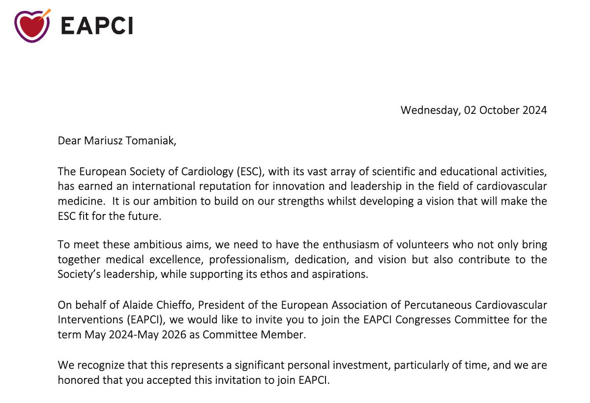 Mariusz Tomaniak (@mtomaniak) on Twitter photo Glad to share I’m joining #EAPCI Congresses Committee for 2024-2026 at <a href="/escardio/">European Society of Cardiology</a> - looking forward to working together!
Thanks to <a href="/valeriaparadies/">Valeria Paradies</a> (Chair) <a href="/mirvatalasnag/">MIЯVΛƬ #IC</a> (Co-Chair) <a href="/alaide_chief/">chief</a> (EAPCI President) @AISNPTK <a href="/HawranekMichal/">Michal Hawranek</a> <a href="/ZenonHuczek/">Zenon Huczek</a> <a href="/Marta33717088/">Marta Kaluzna-Oleksy</a>
<a href="/parma/">Radoslaw Parma</a> Glad to share I’m joining #EAPCI Congresses Committee for 2024-2026 at <a href="/escardio/">European Society of Cardiology</a> - looking forward to working together!
Thanks to <a href="/valeriaparadies/">Valeria Paradies</a> (Chair) <a href="/mirvatalasnag/">MIЯVΛƬ #IC</a> (Co-Chair) <a href="/alaide_chief/">chief</a> (EAPCI President) @AISNPTK <a href="/HawranekMichal/">Michal Hawranek</a> <a href="/ZenonHuczek/">Zenon Huczek</a> <a href="/Marta33717088/">Marta Kaluzna-Oleksy</a>
<a href="/parma/">Radoslaw Parma</a>