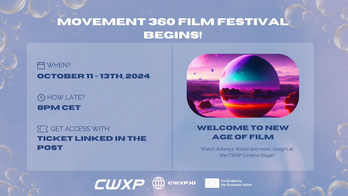 Don't Miss Tonight's Screenings! 🎥

Anteriya World &amp; more films await you! Explore the virtual #CWXP experience and see the future of film industry unfold. 🎬✨

🎟️Get your ticket: eventbrite.com/e/movement-360…
👾And join Discord for more: discord.gg/qEq2RMj3pp

#CreativeEurope