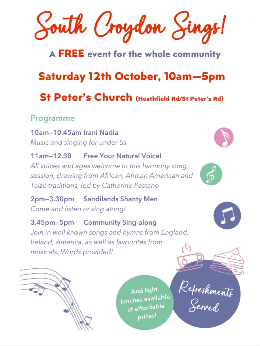 StP_Croydon's tweet photo. This Saturday @StP_Croydon is hosting a day of music in the Church.  Everyone welcome. No need to book. Just turn up for one or more sessions.  Refreshments will be available.  @SouthwarkCofE @SouthCroydonCA #music #Singing @InsideCroydon https://t.co/dxiFFJyp1w