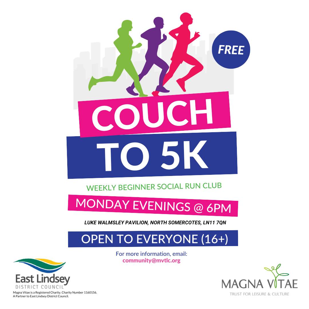 Join our Community team for Couch to 5K Running Club - for 16+ Beginners EVERY MONDAY AT 6PM.

Whether you're new to running or just want to get moving, this is the perfect place to start!

Held at at the Luke Walmsley pavilion, North Somercotes, LN11 7QN.