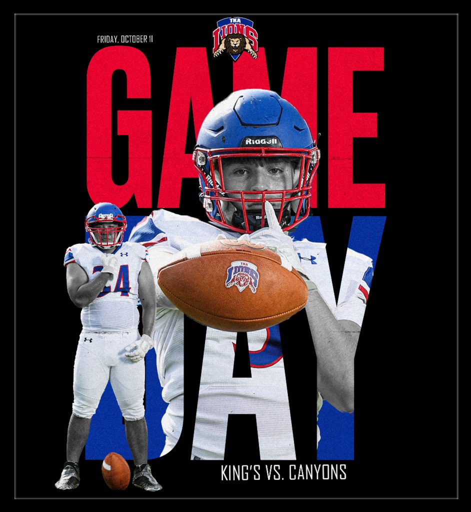 The King’s Academy Athletic Dept. (@tkalions) on Twitter photo ⚫️⚫️ BLACK OUT ⚫️⚫️
TKA 🆚 SCA
🗓️ Friday, October 11
🕡 6:30 pm
📍Kahlert Stadium
🎟️ GoFan
📺 TKA YouTube
<a href="/TKAWPB/">The King's Academy</a> <a href="/TKALionsFB/">TKA Lions Football</a> <a href="/pbphighschools/">Post on High Schools</a> <a href="/ESPNTop63/">ESPN Top 63</a> <a href="/ESPNWestPalm/">ESPN WEST PALM (106.3 FM)</a> <a href="/EraPrep/">New Era Prep</a> <a href="/FlaHSFootball/">FloridaHSFootball.com</a> <a href="/WPTV/">WPTV</a> ⚫️⚫️ BLACK OUT ⚫️⚫️
TKA 🆚 SCA
🗓️ Friday, October 11
🕡 6:30 pm
📍Kahlert Stadium
🎟️ GoFan
📺 TKA YouTube
<a href="/TKAWPB/">The King's Academy</a> <a href="/TKALionsFB/">TKA Lions Football</a> <a href="/pbphighschools/">Post on High Schools</a> <a href="/ESPNTop63/">ESPN Top 63</a> <a href="/ESPNWestPalm/">ESPN WEST PALM (106.3 FM)</a> <a href="/EraPrep/">New Era Prep</a> <a href="/FlaHSFootball/">FloridaHSFootball.com</a> <a href="/WPTV/">WPTV</a>
