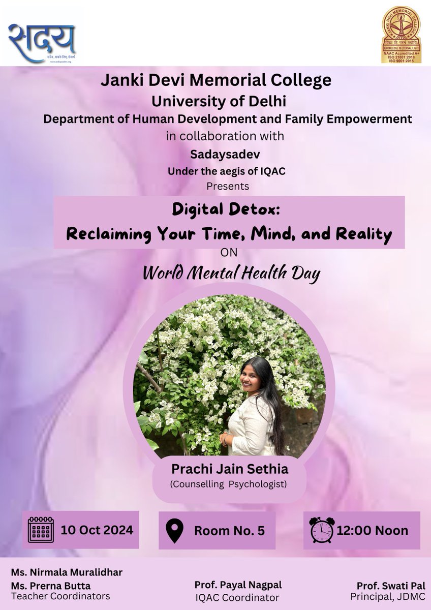 hdfe_jdmc's tweet photo. The Dept. of HDFE in collaboration with Sadaysadev successfully organized a session, "Digital Detox: Reclaiming Your Time, Mind, and Reality," with Ms. Prachi Jain Sethia (Counselling Psychologist) on World Mental Health Day 2024. #WorldMentalHealthDay 
@CollegeJanki @Sadaysadev https://t.co/O16YeIgGGb
