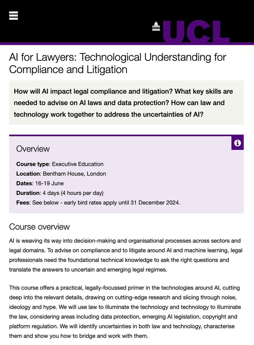 With <a href="/RaviNa1k/">Ravi Naik</a> I'm running a short summer course <a href="/UCLLaws/">UCL Faculty of Laws</a> on what laywers need to know about the tech &amp; practice of AI to litigate it in court, regulate it, or comply where it is used.

Hype-free, value-filled, real &amp; devastatingly useful. 16-19 June. ucl.ac.uk/laws/short-cou…