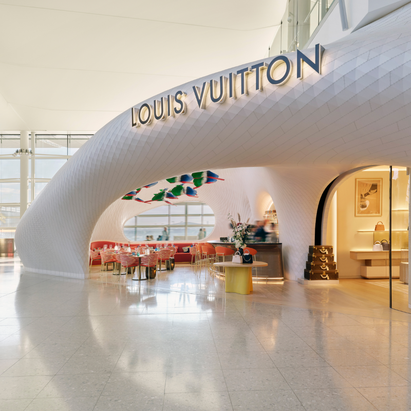 LouisVuitton's tweet photo. Le Café Cyril Lignac at Louis Vuitton. Revealing the striking new café #CyrilLignac at #LouisVuitton and its adjoining store in the London Heathrow Airport Terminal 2, paying tribute to the Maison's art of travel.