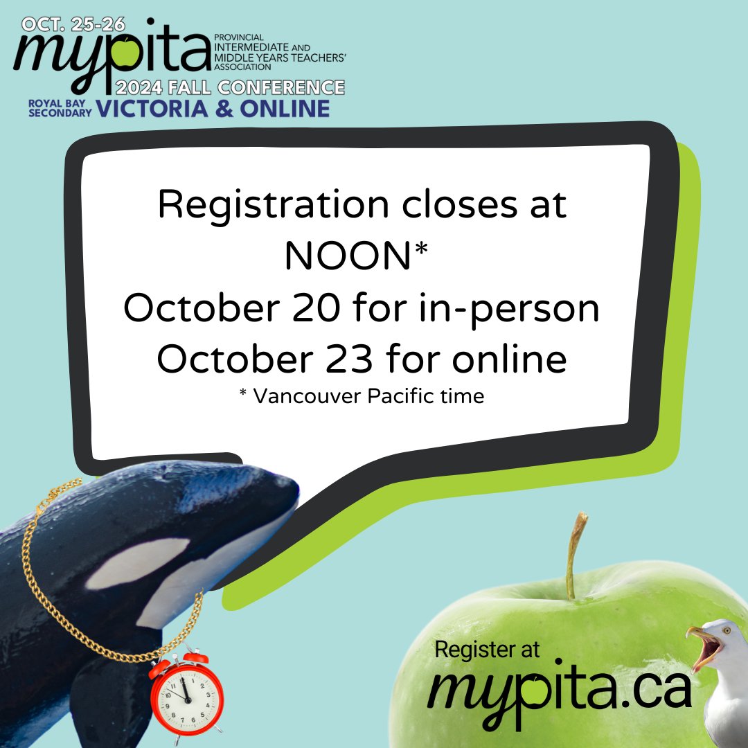 Don’t miss the myPITA Conference on Oct. 25-26, in Victoria and online! Registration closes at noon on October 20 for the in-person and October 23 for the online. Register now at mypitaconference.ca  #myPITA #PSAday2024 #BCteachers  #professionaldevelopment #teachers