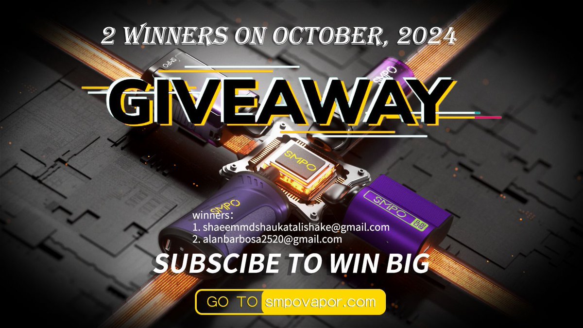 SMPO (@smpovapor) on Twitter photo π September Winners Announced! π
πCongrats to shaeemmdshaukatalishake@gmail.com and alanbarbosa2520@gmail.com for being our lucky subscribers!
Be sure to subscribe to the SMPO official website for a chance to win next month! π
ββ
#smpo #smpovape #smpocp02 #smpodl02 #winbig π September Winners Announced! π
πCongrats to shaeemmdshaukatalishake@gmail.com and alanbarbosa2520@gmail.com for being our lucky subscribers!
Be sure to subscribe to the SMPO official website for a chance to win next month! π
ββ
#smpo #smpovape #smpocp02 #smpodl02 #winbig