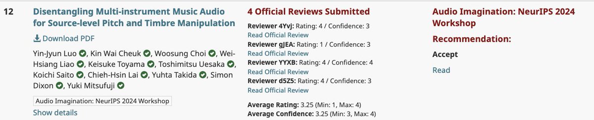 DisMix is accepted to the <a href="/NeurIPSConf/">NeurIPS Conference</a> Audio Imagination Workshop audio-imagination.com.

Thanks my collaborators throughout the internship, and special shoutouts to <a href="/Kakanat1105/">Keitaro Tanaka</a> for initial discussions on the topic.

Audio samples are at yjlolo.github.io/dismix-audio-s…