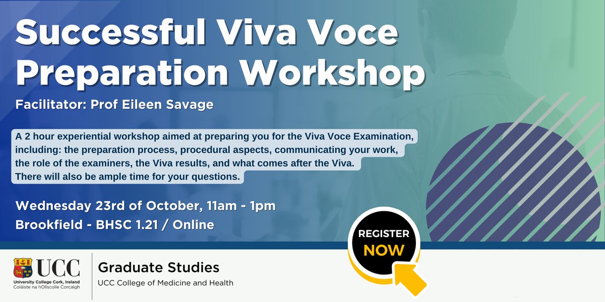 Grad Studies CoMH UCC (@gradcomh_ucc) on Twitter photo Graduate Studies <a href="/UCCMedHealth/">UCC Medicine & Health</a> will host a workshop on ‘Successful Viva Voce Preparation’ at 11am-1pm on Wed 23rd Oct 2024 in BHSC 1.21/online facilitated by Prof Eileen Savage.
Register: forms.office.com/e/c1Z1fVVLzr Graduate Studies <a href="/UCCMedHealth/">UCC Medicine & Health</a> will host a workshop on ‘Successful Viva Voce Preparation’ at 11am-1pm on Wed 23rd Oct 2024 in BHSC 1.21/online facilitated by Prof Eileen Savage.
Register: forms.office.com/e/c1Z1fVVLzr