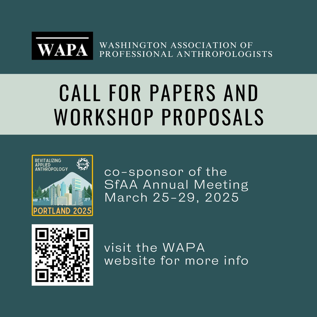 As a co-sponsor of #SfAA2025, the Washington Association of Professional Anthropologists (WAPA) is currently accepting papers and workshop proposals. For more details, visit their website: wapadc.org/SfAA-2025-CFPs.

#SfAA #socialscience #anthropology #appliedanthropology #WAPA
