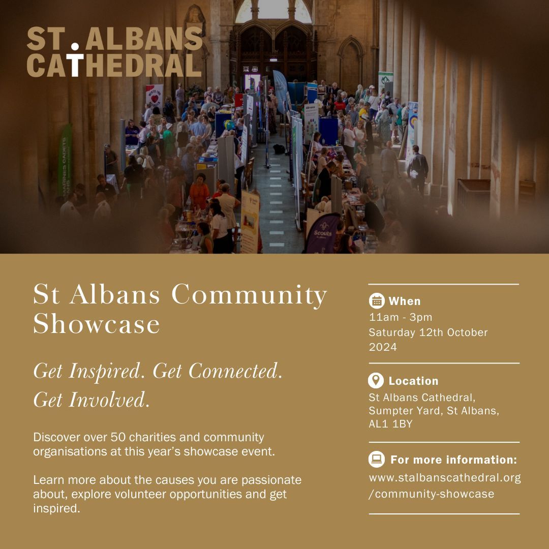 Communities 1st (@1stcommunities) on Twitter photo Be part of something great! Visit the Community Showcase Event TOMORROW from 11am-3pm at <a href="/StAlbansCath/">St Albans Cathedral</a>
Learn about local charities, their invaluable work and how best to support them. Join us at this FREE event! buff.ly/3TPoT38 #CharityShowcase2024 #StAShowcase Be part of something great! Visit the Community Showcase Event TOMORROW from 11am-3pm at <a href="/StAlbansCath/">St Albans Cathedral</a>
Learn about local charities, their invaluable work and how best to support them. Join us at this FREE event! buff.ly/3TPoT38 #CharityShowcase2024 #StAShowcase