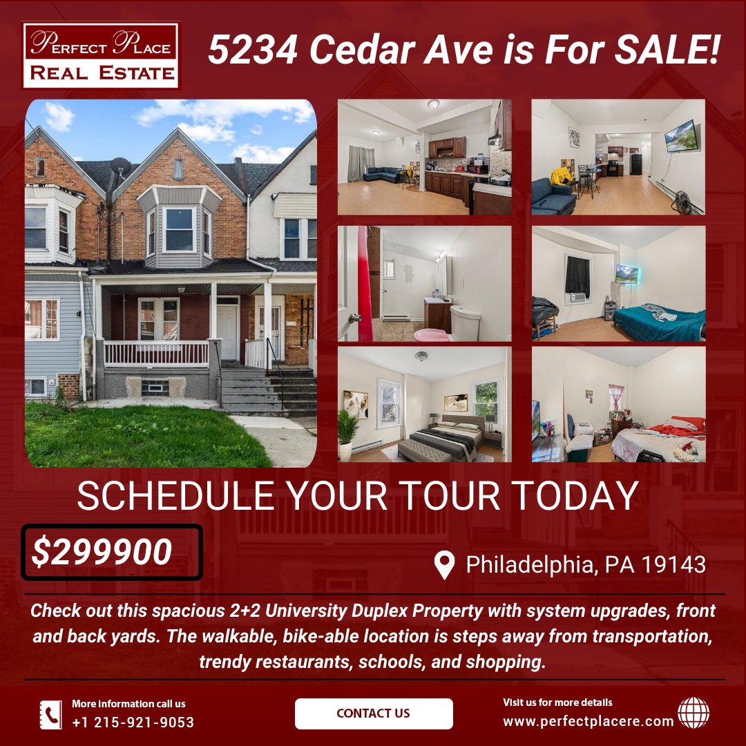 perfectplacere's tweet photo. 🏡 For Sale: Spacious University Duplex at 5234 Cedar Ave, Philadelphia, PA 19143!

For more information
📞 Call us at 215-921-9053
💻 Visit https://t.co/5rjk3Z6i8x
📩 perfectplacere@gmail.com

#PhillyRealEstate #DuplexForSale #InvestmentProperty #PhiladelphiaHomes #HomeSweetHome https://t.co/2Q5FX77Umz