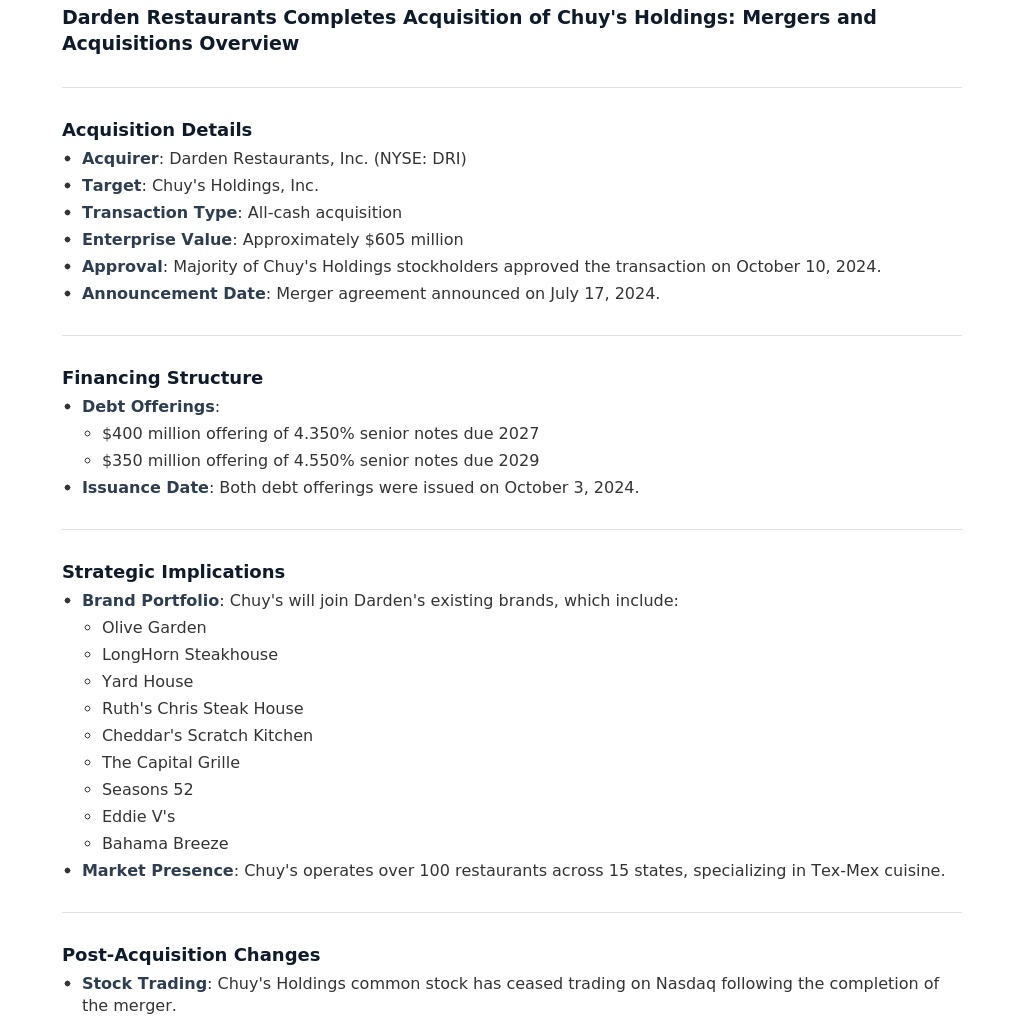 $DRI: Darden Restaurants Completes Acquisition of Chuy's Holdings: Mergers and Acquisitions Overview