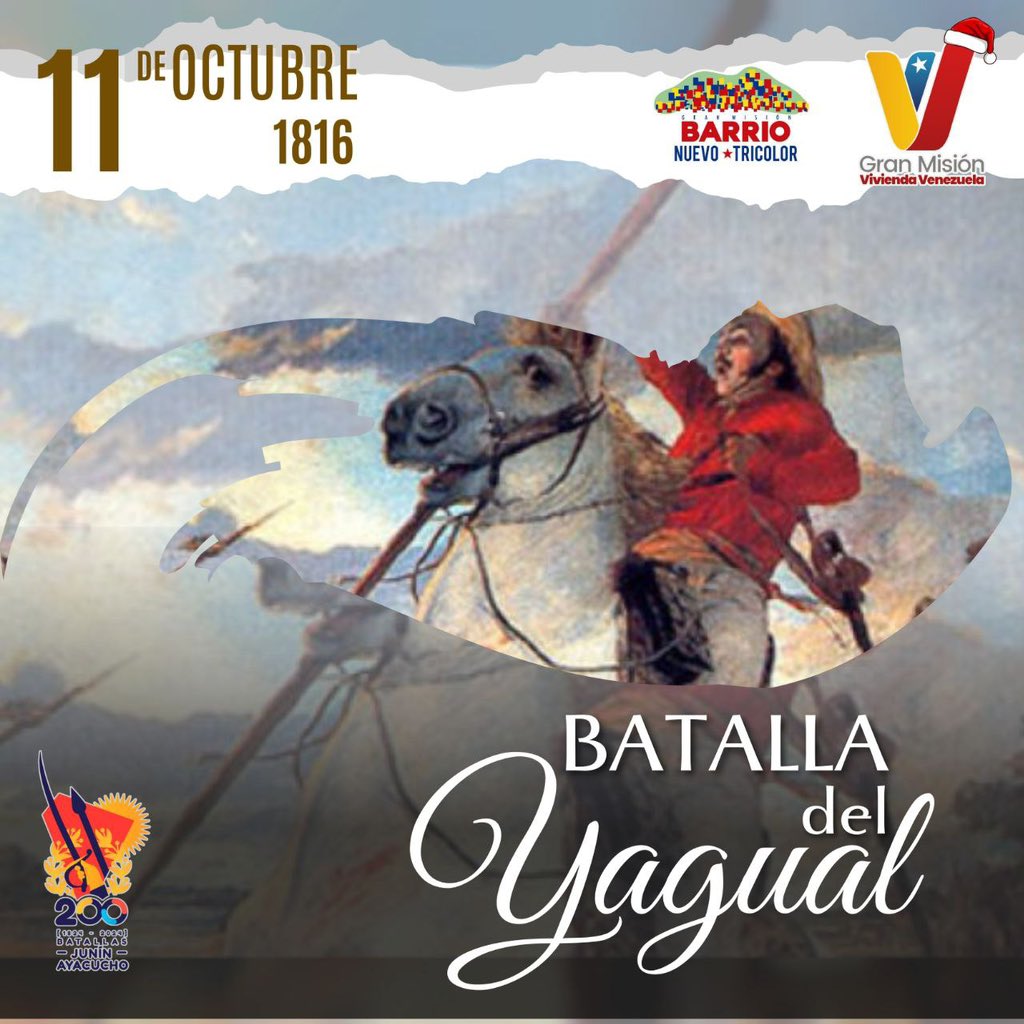 #Efeméride📅|| Hoy, 11 de octubre, conmemoramos la Batalla de El Yagual (1816), un hito en la lucha por la independencia de Venezuela. Recordemos el valor y sacrificio de nuestros héroes en la búsqueda de libertad.

 ¡Sigamos construyendo un futuro de unidad y paz! 🇻🇪✨