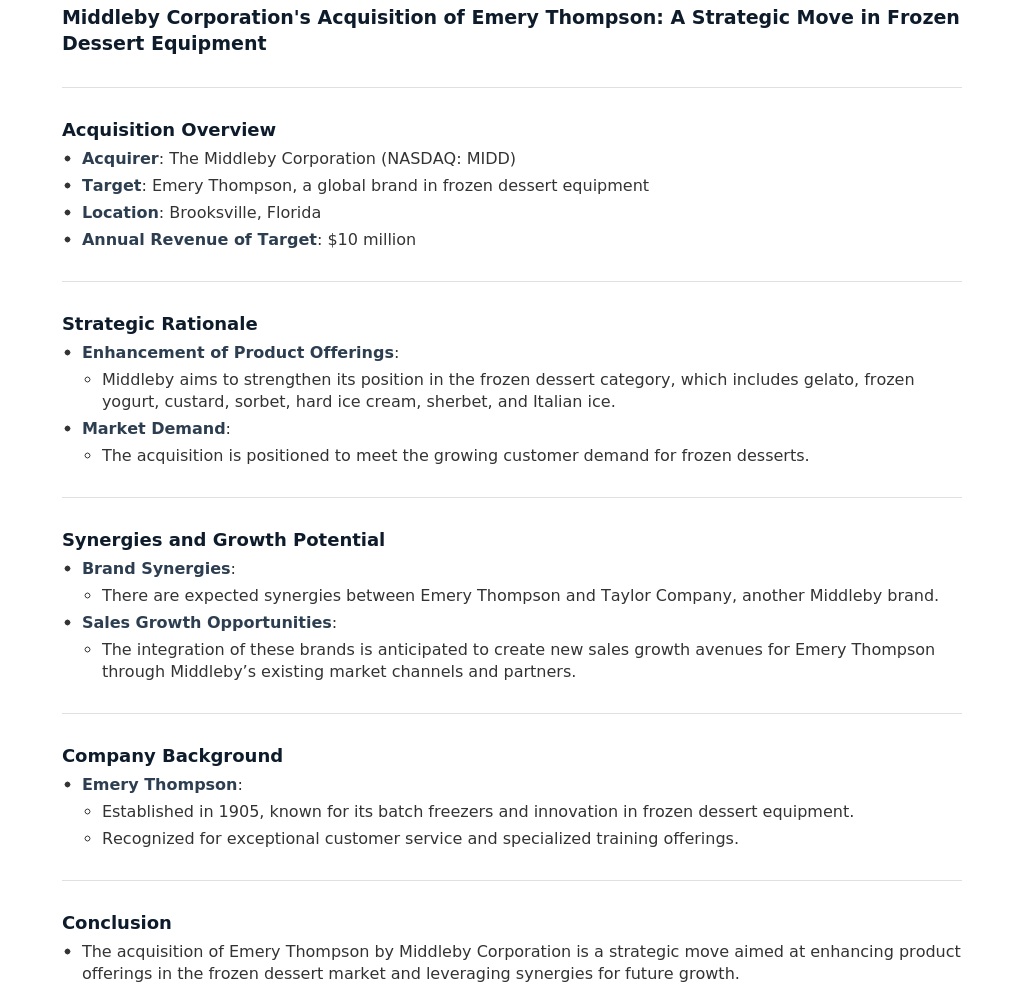 $MIDD: Middleby Corporation's Acquisition of Emery Thompson: A Strategic Move in Frozen Dessert Equipment