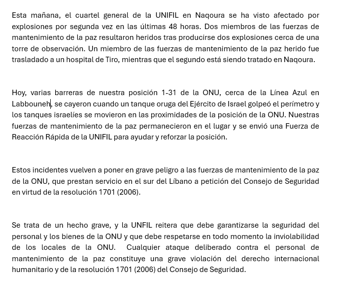 NoticiasONU's tweet photo. 🔴 URGENTE. Un nuevo ataque contra el cuartel de la misión de la ONU en el Líbano @UNIFIL_ deja otros dos cascos azules heridos. 

Un tanque oruga israelí derribó las barreras de otra de las posiciones de la ONU cerca de la Línea Azul. https://t.co/lgBTGJ0fl5