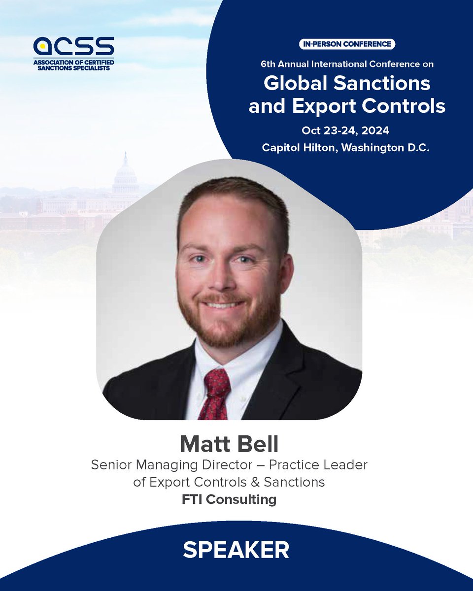 ACSS_Sanctions's tweet image. ➡️ Matt Bell - Senior Managing Director - Practice Leader of Export Controls &amp;amp; Sanctions at FTI Consulting
➡️ Haider Mannan - CEO at BIGTXN
➡️ Morgan Holleran - Industry Practice Lead | Financial Crime Compliance Moody’s Analytics

 #ExportControls  #ACSSConference