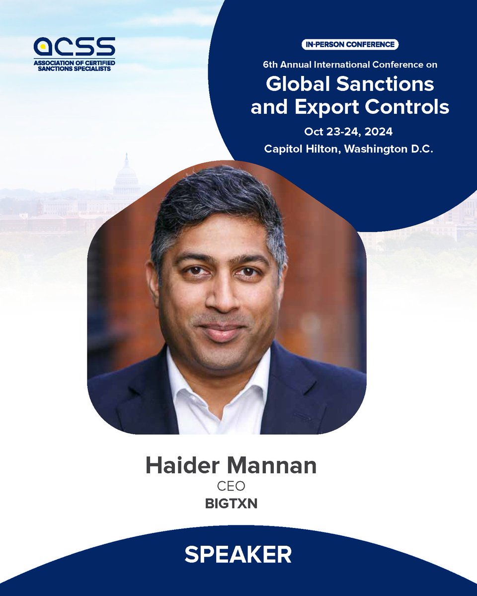 ACSS_Sanctions's tweet image. ➡️ Matt Bell - Senior Managing Director - Practice Leader of Export Controls &amp;amp; Sanctions at FTI Consulting
➡️ Haider Mannan - CEO at BIGTXN
➡️ Morgan Holleran - Industry Practice Lead | Financial Crime Compliance Moody’s Analytics

 #ExportControls  #ACSSConference